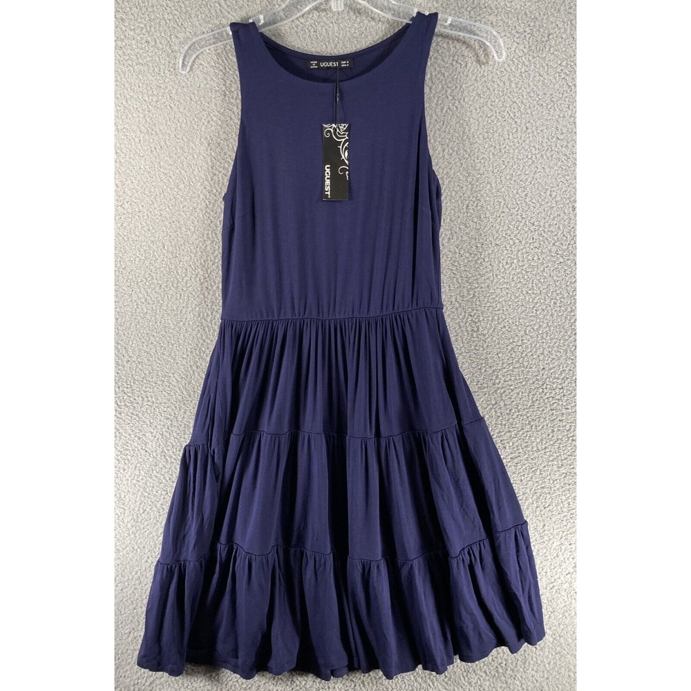 UGUEST Tiered Knee Dress Women SM NEW Navy Blue Sleeveless Stretch‎ Pockets Boho